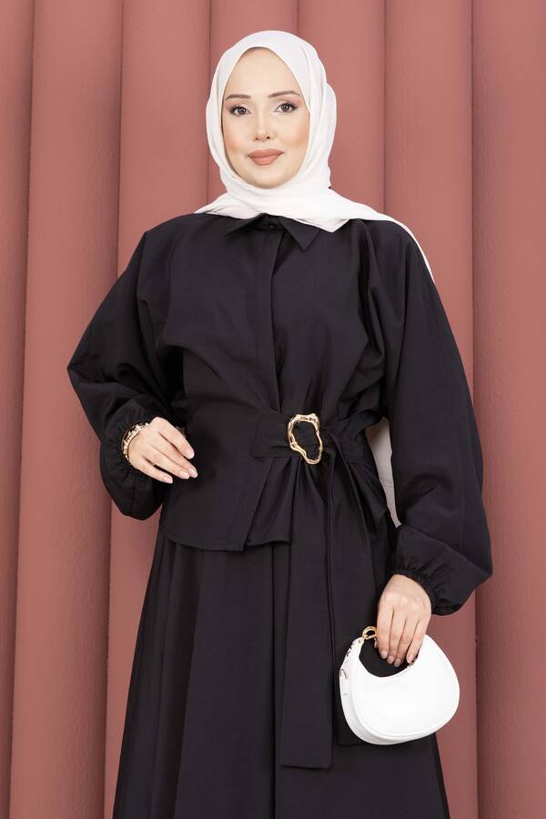 Htn - Kendinden Kuşaklı Toka Detaylı Etekli İkili Takım Siyah (1)