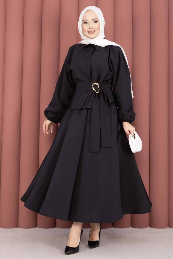 Htn - Kendinden Kuşaklı Toka Detaylı Etekli İkili Takım Siyah