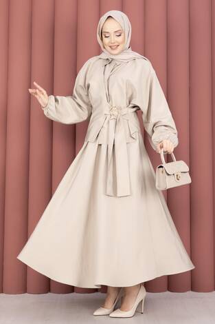 Kendinden Kuşaklı Toka Detaylı Etekli İkili Takım Taş - Thumbnail