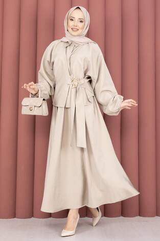 Kendinden Kuşaklı Toka Detaylı Etekli İkili Takım Taş - Thumbnail