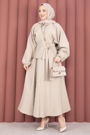 Kendinden Kuşaklı Toka Detaylı Etekli İkili Takım Taş - Thumbnail