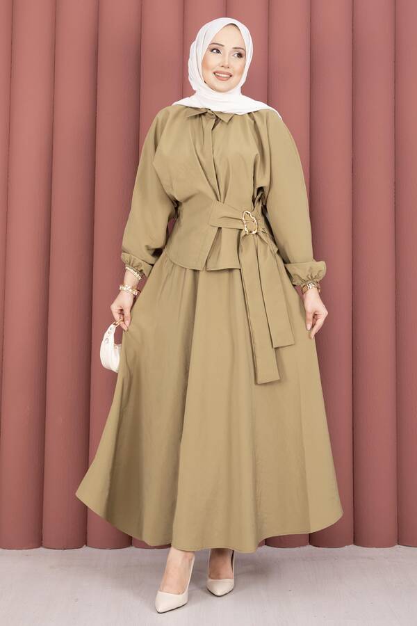 Htn - Kendinden Kuşaklı Toka Detaylı Etekli İkili Takım Yağ Yeşil