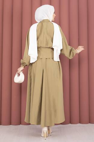 Kendinden Kuşaklı Toka Detaylı Etekli İkili Takım Yağ Yeşil - Thumbnail