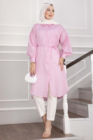 Kendinden Pullu Bağcıklı Uzun Gömlek Tunik Pembe