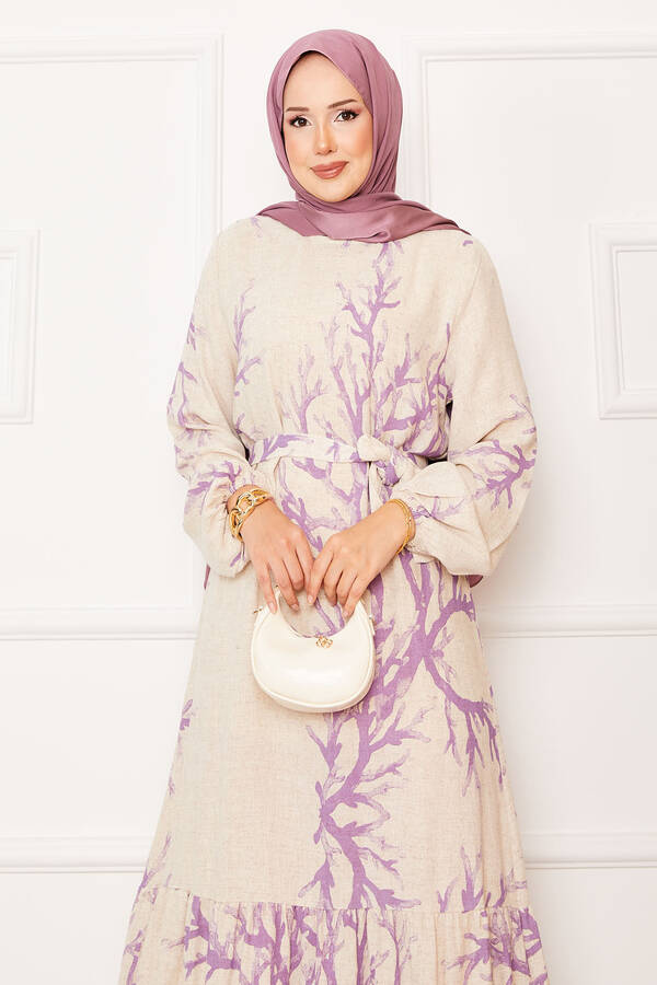 Efl - Keten Desenli Beli Kuşaklı Elbise Lila (1) Efl - Keten Desenli Beli Kuşaklı Elbise Lila (1)