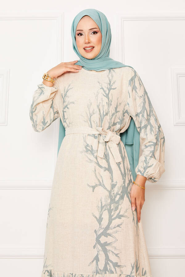 Efl - Keten Desenli Beli Kuşaklı Elbise Mint (1)
