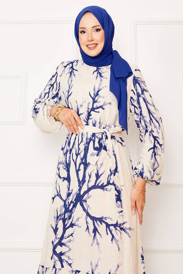 Efl - Keten Desenli Beli Kuşaklı Elbise Saks (1) Efl - Keten Desenli Beli Kuşaklı Elbise Saks (1)