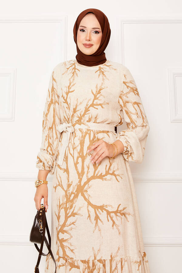 Efl - Keten Desenli Beli Kuşaklı Elbise Sütlü Kahve (1) Efl - Keten Desenli Beli Kuşaklı Elbise Sütlü Kahve (1)