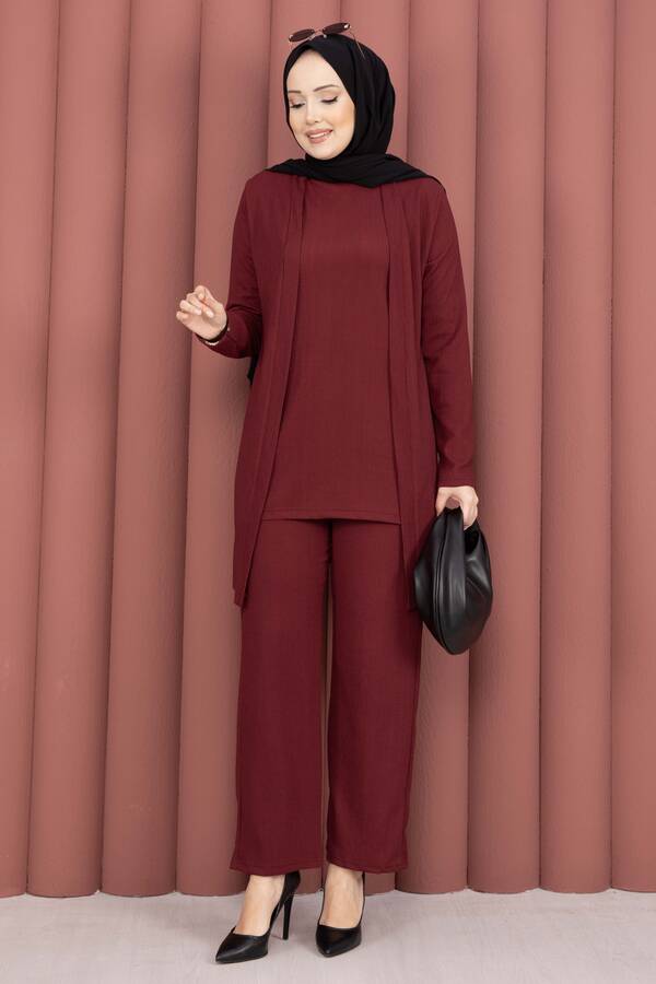 TK - Kimonolu Tesettür Üçlü Takım Bordo