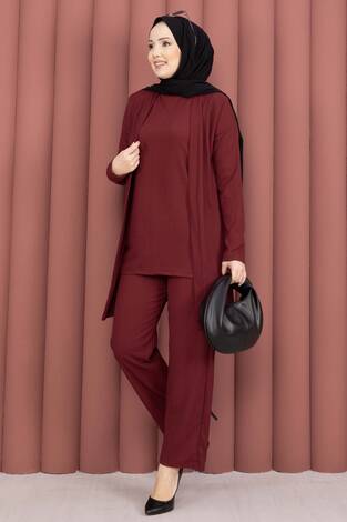Kimonolu Tesettür Üçlü Takım Bordo - Thumbnail