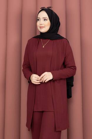Kimonolu Tesettür Üçlü Takım Bordo - Thumbnail