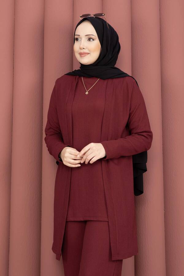 TK - Kimonolu Tesettür Üçlü Takım Bordo (1)