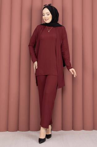 Kimonolu Tesettür Üçlü Takım Bordo - Thumbnail