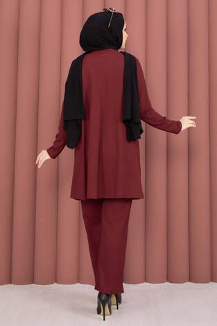 Kimonolu Tesettür Üçlü Takım Bordo - Thumbnail