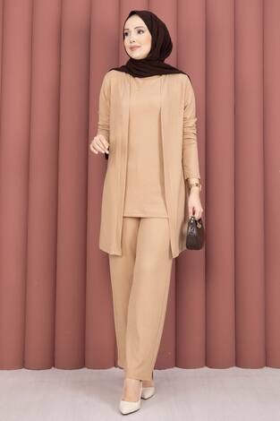 Kimonolu Tesettür Üçlü Takım Camel - Thumbnail