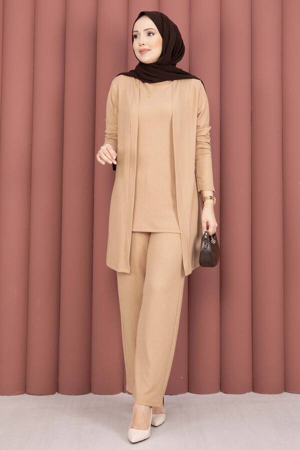 TK - Kimonolu Tesettür Üçlü Takım Camel