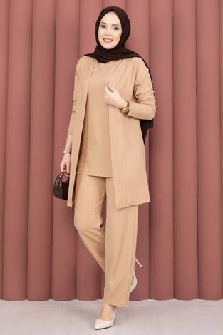 Kimonolu Tesettür Üçlü Takım Camel - Thumbnail
