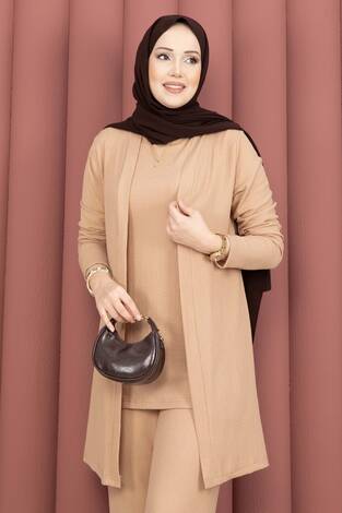 Kimonolu Tesettür Üçlü Takım Camel - Thumbnail