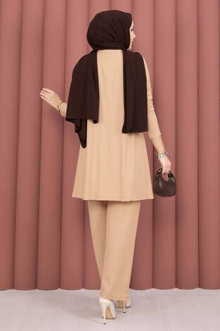 Kimonolu Tesettür Üçlü Takım Camel - Thumbnail
