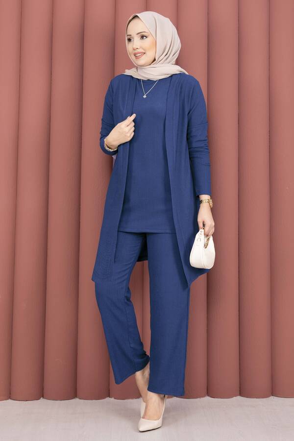 TK - Kimonolu Tesettür Üçlü Takım İndigo