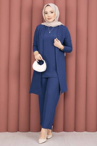 Kimonolu Tesettür Üçlü Takım İndigo - Thumbnail