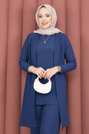 Kimonolu Tesettür Üçlü Takım İndigo - Thumbnail