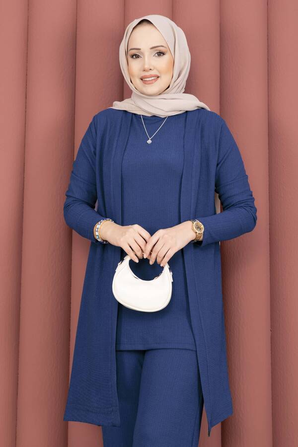 TK - Kimonolu Tesettür Üçlü Takım İndigo (1)