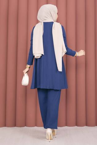 Kimonolu Tesettür Üçlü Takım İndigo - Thumbnail