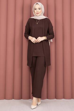 Kimonolu Tesettür Üçlü Takım Kahve