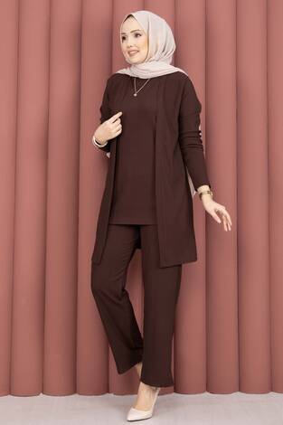 Kimonolu Tesettür Üçlü Takım Kahve - Thumbnail