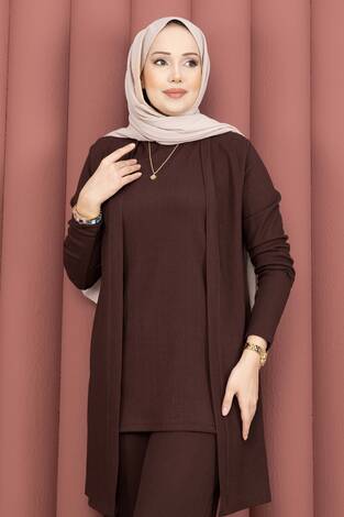 Kimonolu Tesettür Üçlü Takım Kahve - Thumbnail