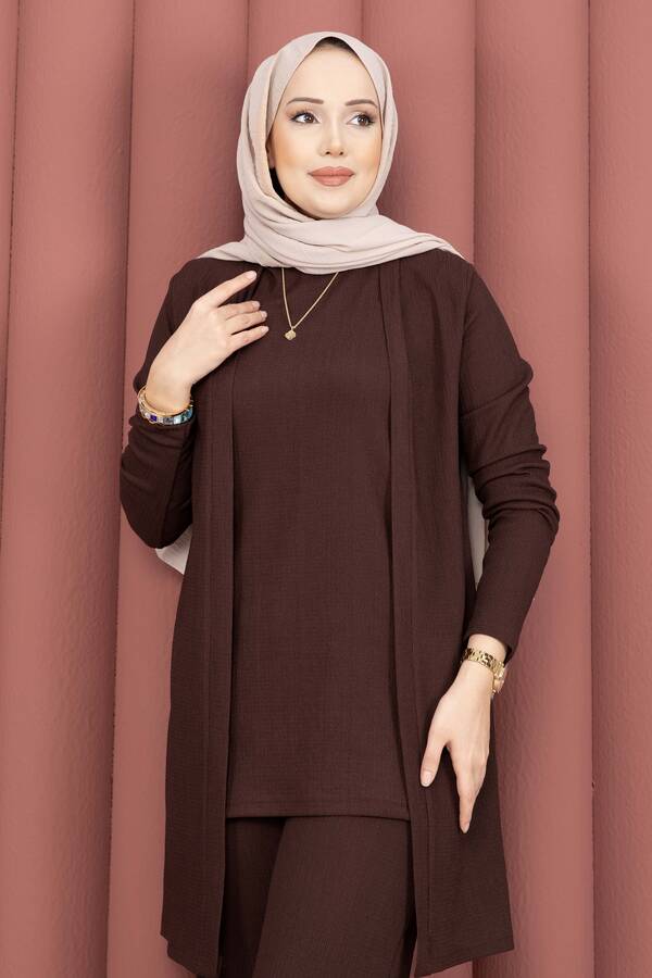 TK - Kimonolu Tesettür Üçlü Takım Kahve (1)