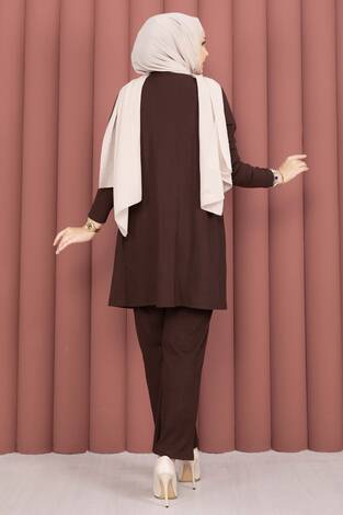 Kimonolu Tesettür Üçlü Takım Kahve - Thumbnail