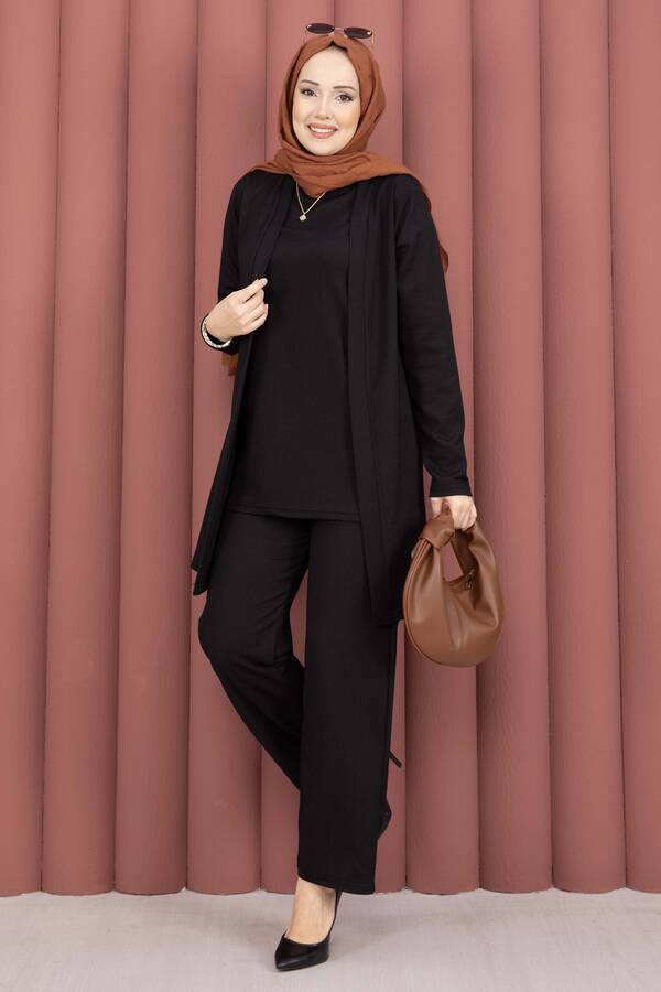TK - Kimonolu Tesettür Üçlü Takım Siyah