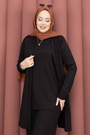 Kimonolu Tesettür Üçlü Takım Siyah - Thumbnail