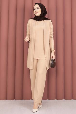 Kimonolu Tesettür Üçlü Takım Vizon - Thumbnail