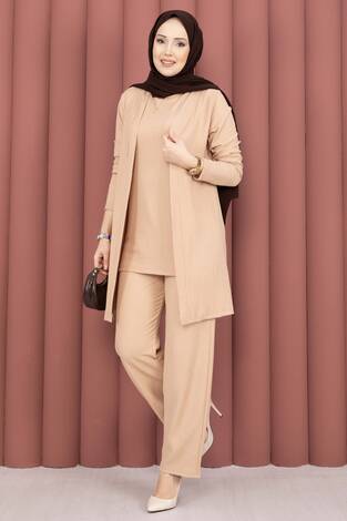 Kimonolu Tesettür Üçlü Takım Vizon - Thumbnail