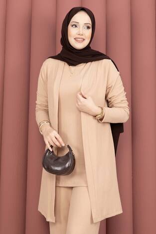 Kimonolu Tesettür Üçlü Takım Vizon - Thumbnail