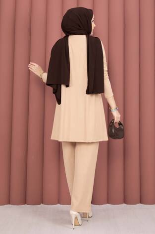 Kimonolu Tesettür Üçlü Takım Vizon - Thumbnail