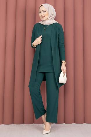 Kimonolu Tesettür Üçlü Takım Zümrüt - Thumbnail