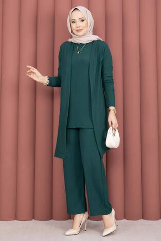 Kimonolu Tesettür Üçlü Takım Zümrüt - Thumbnail