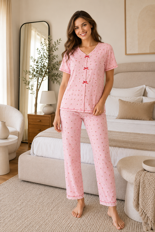 Kiraz Desen Fiyonklu Kısa Kollu Pijama Takımı Pudra