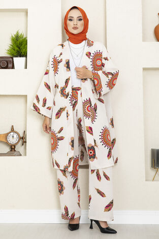 Kızılderili Desenli Kimono Tesettür Takım Pembe - Thumbnail