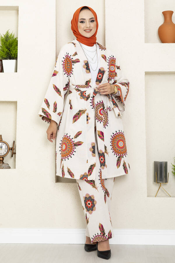 Kızılderili Desenli Kimono Tesettür Takım Pembe