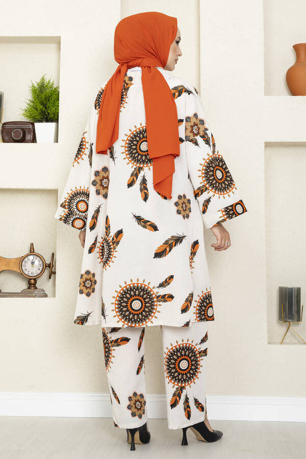 Kızılderili Desenli Kimono Tesettür Takım Turuncu