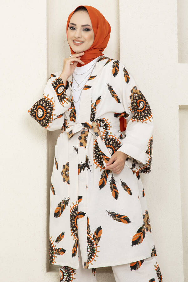 Kızılderili Desenli Kimono Tesettür Takım Turuncu