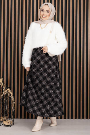 Klasik Ekose Desen Scuba Etek Siyah - Thumbnail