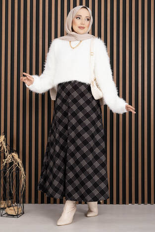 Klasik Ekose Desen Scuba Etek Siyah - Thumbnail