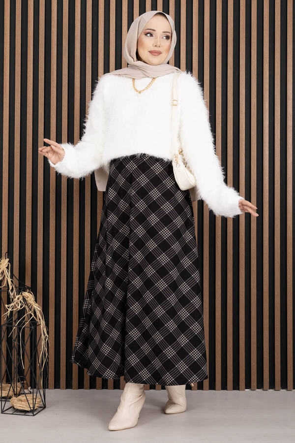 Mds - Klasik Ekose Desen Scuba Etek Siyah