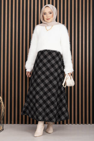Klasik Ekose Desen Scuba Etek Siyah - Thumbnail